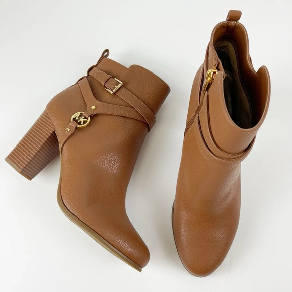 NEW Michael Kors MK Bootie Boots Womens 11M Tan Leather Side Zip Heeled Heels - Picture 1 of 10